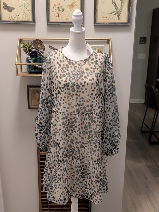 LOFT Dresses & Skirts - LOFT- Size M  Ivory Leopard Print Tiered Long Sleeve Dress with Aqua Accents NWT